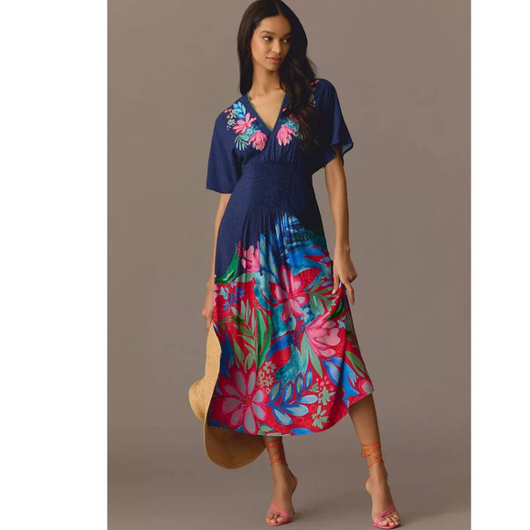 New Anthropologie BL-NK The Tatiana Kaftan Midi Dress $148 PLUS ONESIZE Blue - Picture 1 of 5